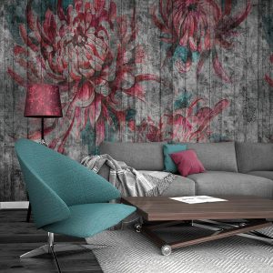 Ahşap Zeminli Pembe Renkli Çiçekler 3D Duvar Kağıdı