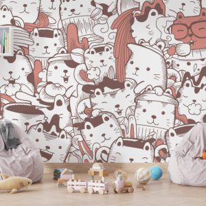 Soft Turuncu Zeminli Küçük Minnoşlu Desenli 3D Duvar Kağıdı | Duvar Kağıdı Marketi