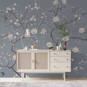 Mavi Tonlarda Soft Çiçekler Duvar Kağıdı