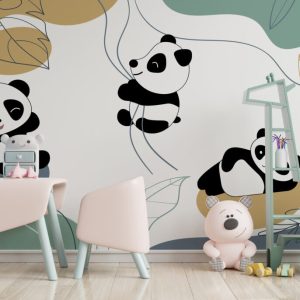 Sarmaşıklara Tutunan Panda Desenli 3D Duvar Kağıdı