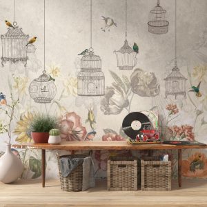 Kuş ve Çiçek Desenli 3D Duvar Kağıdı