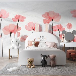 Pembe Yapraklı Çiçek Desenli 3D Duvar Kağıdı