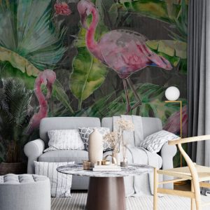 Flamingo ve Bitki Desenli 3D Duvar Kağıdı