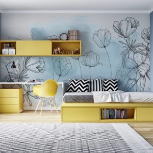 Çizim Şeklinde Çiçek Desenli 3D Duvar Kağıdı