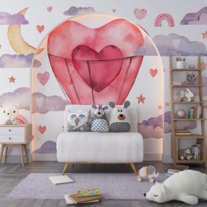 Kalpli Balon ve Bulut Desenli 3D Duvar Kağıdı | Duvar Kağıdı Marketi