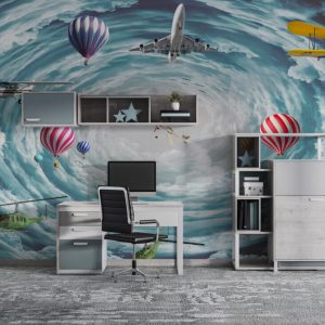 Kargaşanın İçinde Uçak ve Balon Desenli 3D Duvar Kağıdı | Duvar Kağıdı Marketi