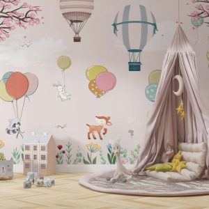 Soft Pembe Uçan Balonlu Hayvanlar 3D Duvar Kağıdı | Duvar Kağıdı Marketi