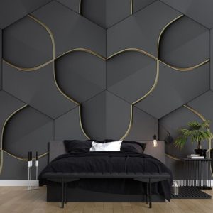 Altın Detaylı Gri Geometrik 3D Duvar Kağıdı