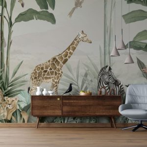 3D Zürafa ve Zebra Desenli Tropikal Duvar Kağıdı