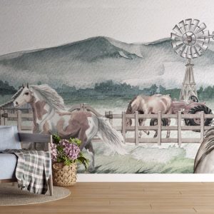 Soft Tonlarda At Çiftliği 3D Duvar Kağıdı