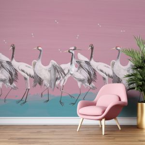 Pembe Zemin'li Turna Kuşu 3D Duvar Kağıdı