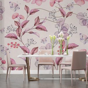 Soft Pembe Tonların'da Çicekler Ve Kelebek Duvar Kağıdı
