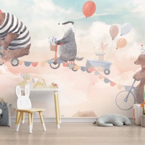 Gökyüzün'de Bisiklet Süren Hayvanlar 3D Duvar Kağıdı | Duvar Kağıdı Marketi