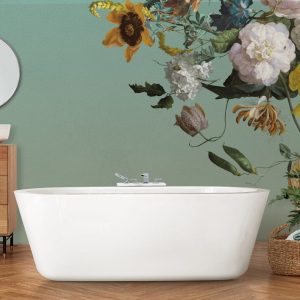 Su Yeşili Zeminli Çicekler 3D Duvar Kağıdı